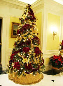 Christmas wedding ideas decorating the reception hall with Christmas trees